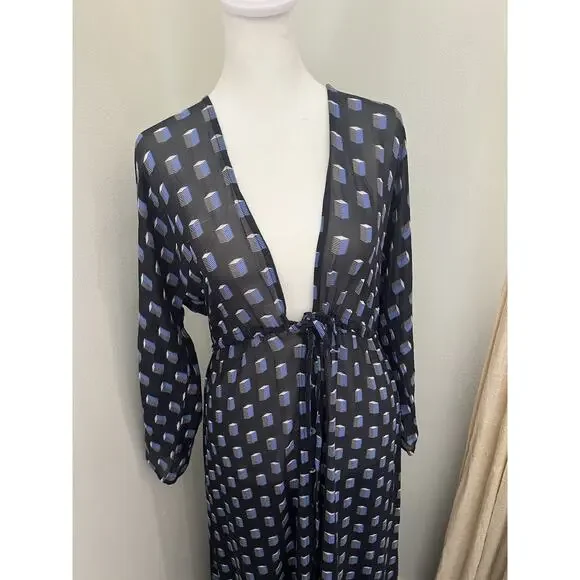 Evarae Silk Sheer Geometric Print Swim Cover up Dress Duster Kimonno Size small - Picture 9 of 11